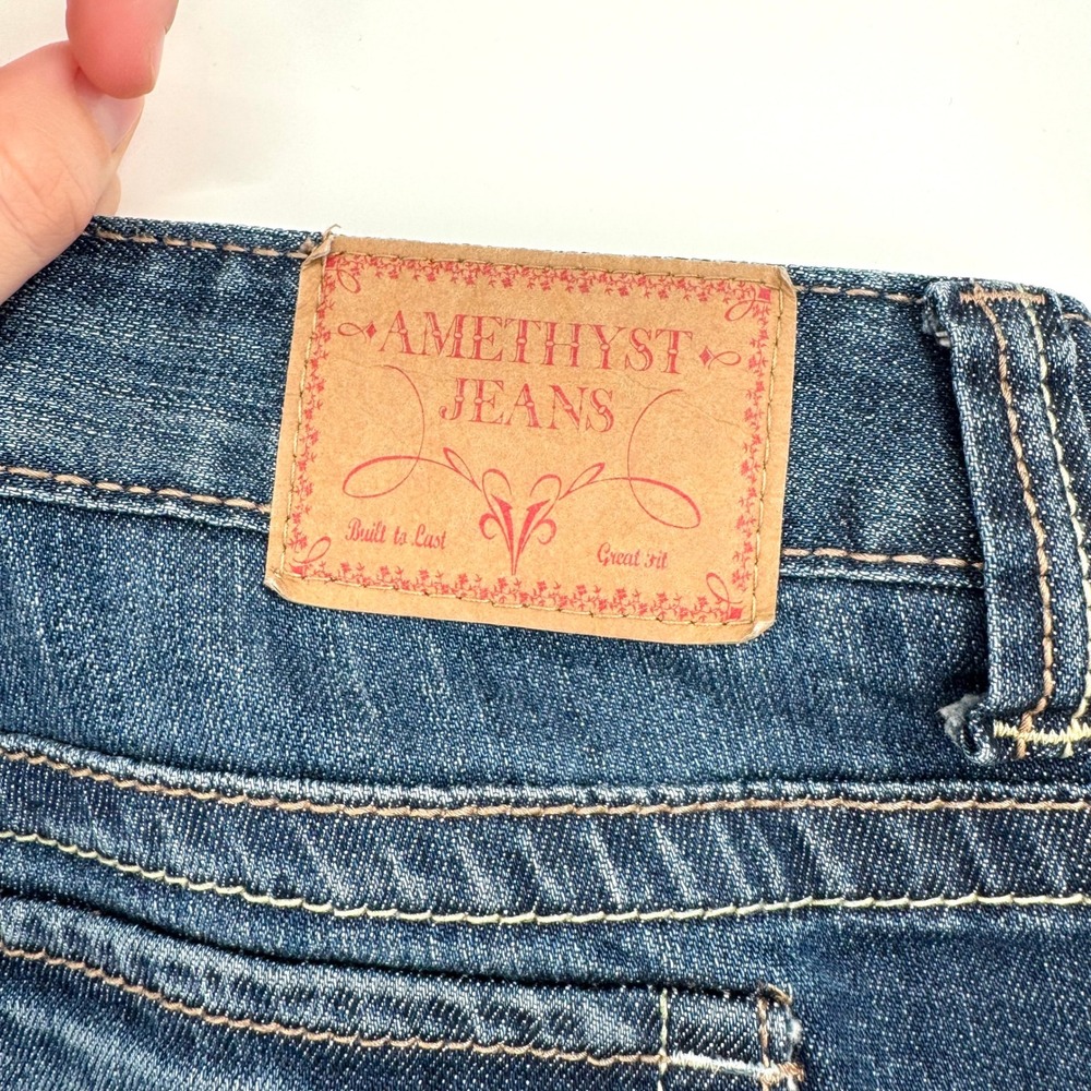 Y2K Amethyst Dark Wash Distressed Embroidered Flap Pocket Bootcut Jeans Womens - Picture 10 of 12